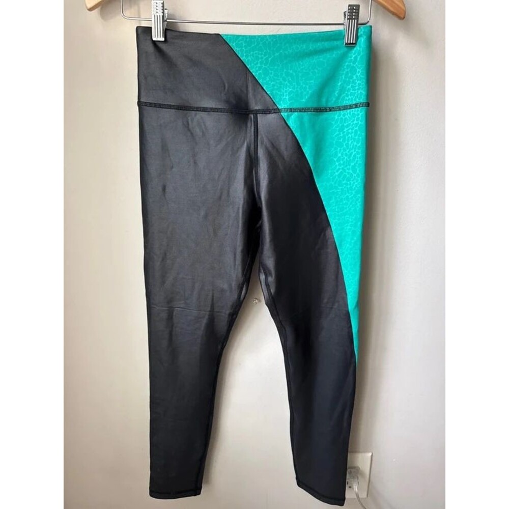 Zyia Active Black Faux Leather Teal Colorblock Leggings 6-8